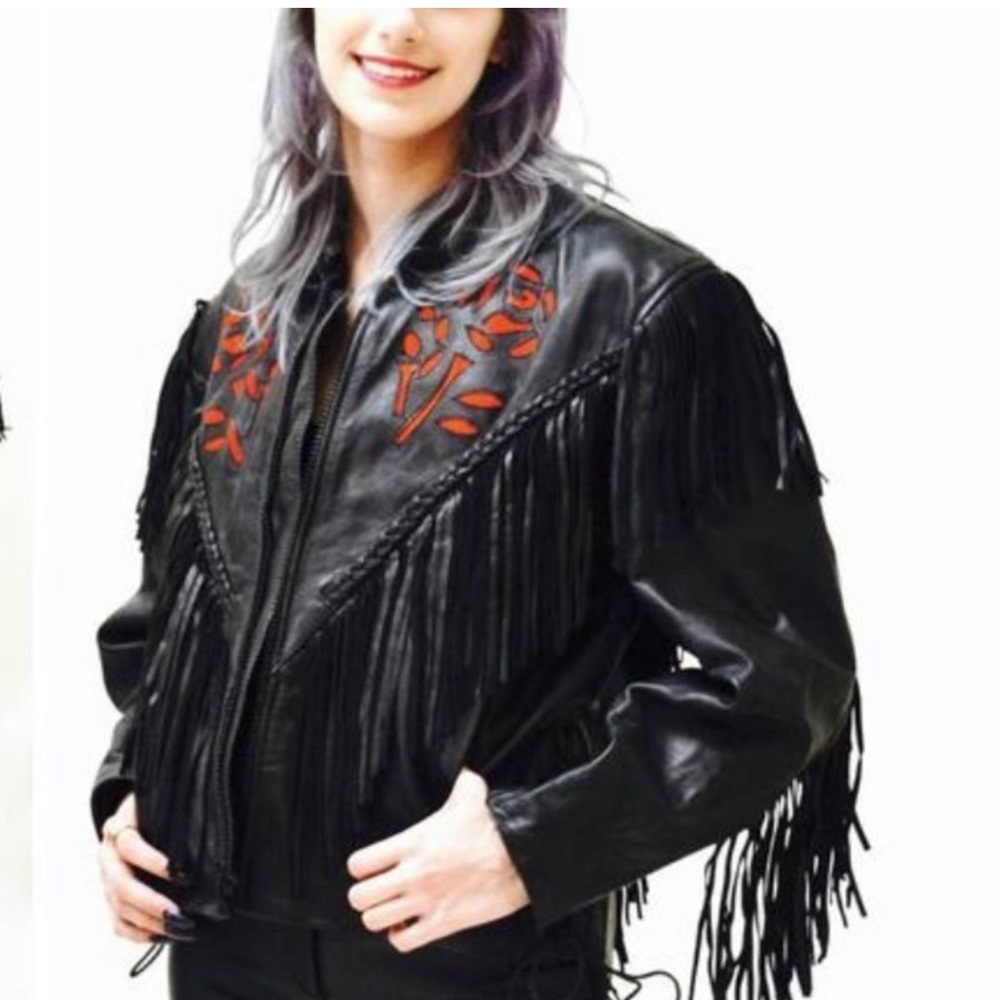 Fringe Motorcycle Jacket Thick Black Leather Red Jacket